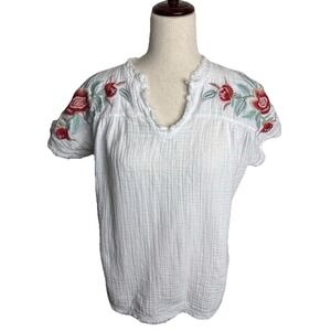 Kyla Seo Caite Embroidered Gauze Top Womens Medium White Boho Beach Resort
